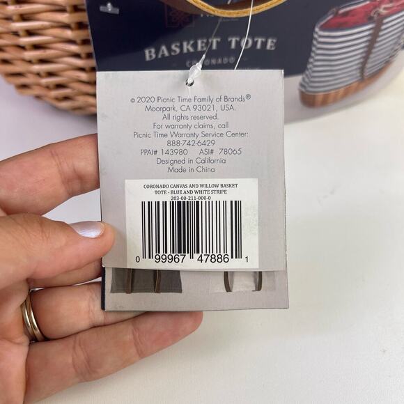 Picnic Time Coronado Canvas and Willow Basket Tote Navy Blue White Striped - Picture 9 of 16